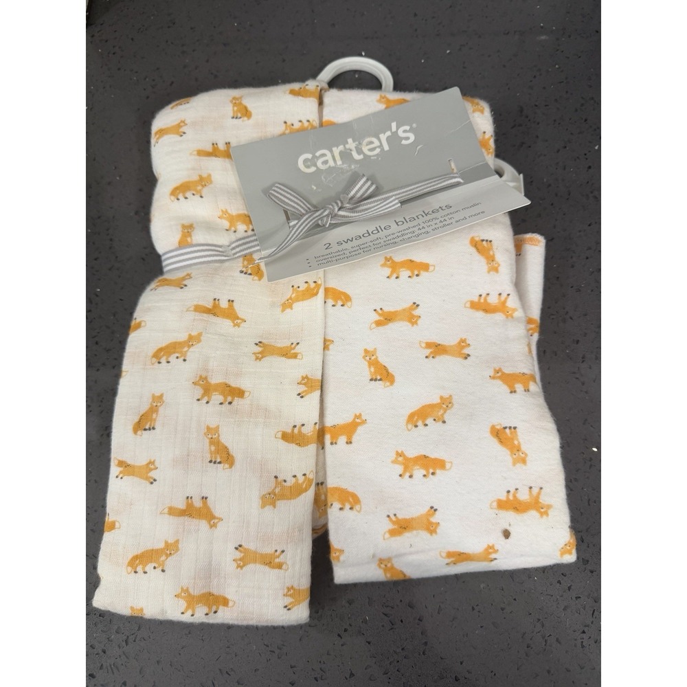 NEW Carter's Orange Fox Swaddle Blanket Blankets Set of 2 Muslin 44" x 44"